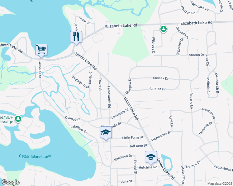 map of restaurants, bars, coffee shops, grocery stores, and more near 340 Union Lake Road in White Lake charter Township