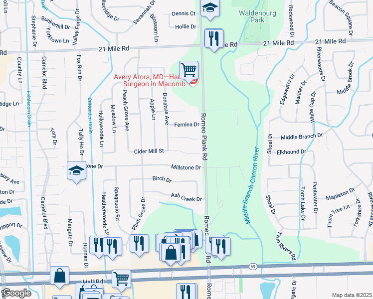 map of restaurants, bars, coffee shops, grocery stores, and more near 18465 Cider Mill Street in Macomb