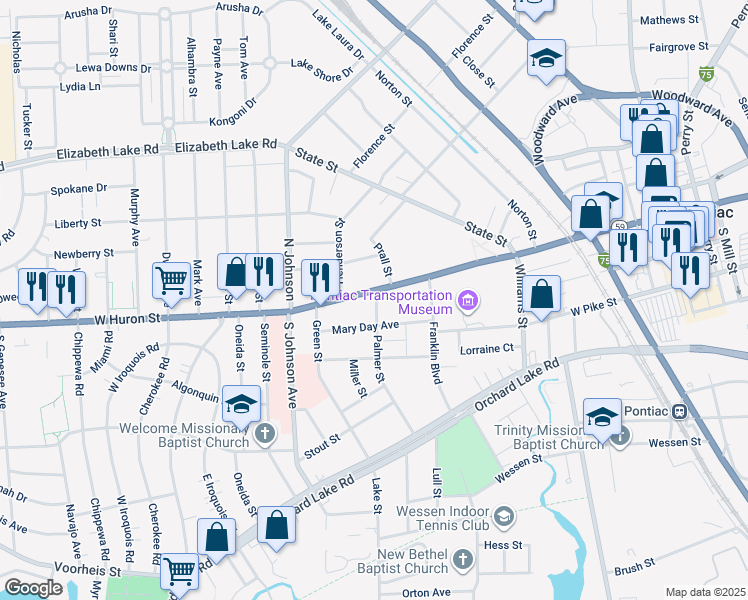 map of restaurants, bars, coffee shops, grocery stores, and more near 353 West Huron Street in Pontiac