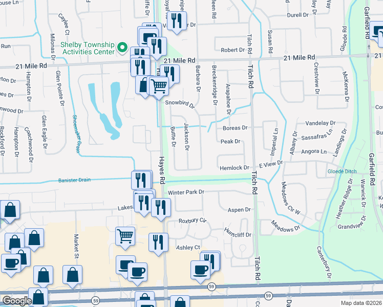 map of restaurants, bars, coffee shops, grocery stores, and more near 46188 Jackson Drive in Macomb