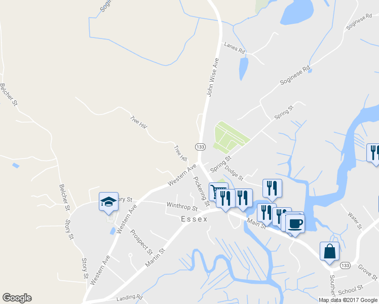 map of restaurants, bars, coffee shops, grocery stores, and more near 2 John Wise Avenue in Essex