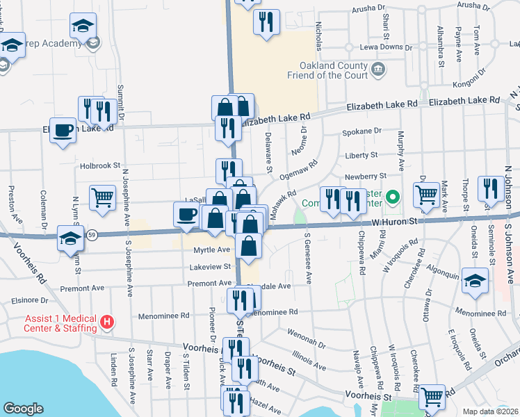 map of restaurants, bars, coffee shops, grocery stores, and more near 19 Mohawk Road in Pontiac