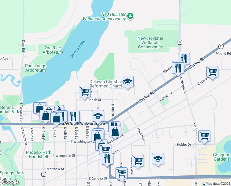 map of restaurants, bars, coffee shops, grocery stores, and more near 307 North 8th Street in Delavan