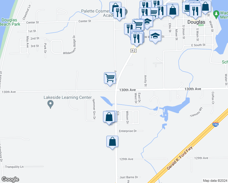 map of restaurants, bars, coffee shops, grocery stores, and more near 448 130th Avenue in Douglas