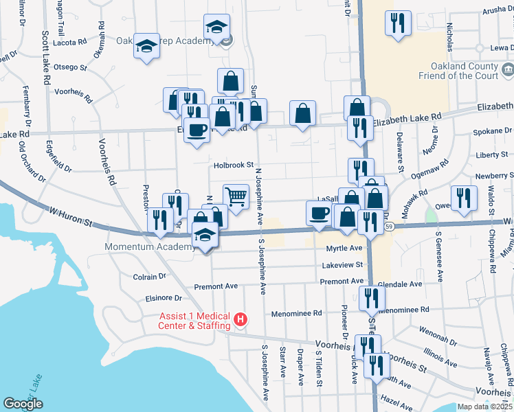 map of restaurants, bars, coffee shops, grocery stores, and more near 1085 LaSalle Avenue in Waterford Township