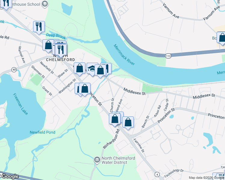 map of restaurants, bars, coffee shops, grocery stores, and more near 28 Quigley Avenue in Chelmsford