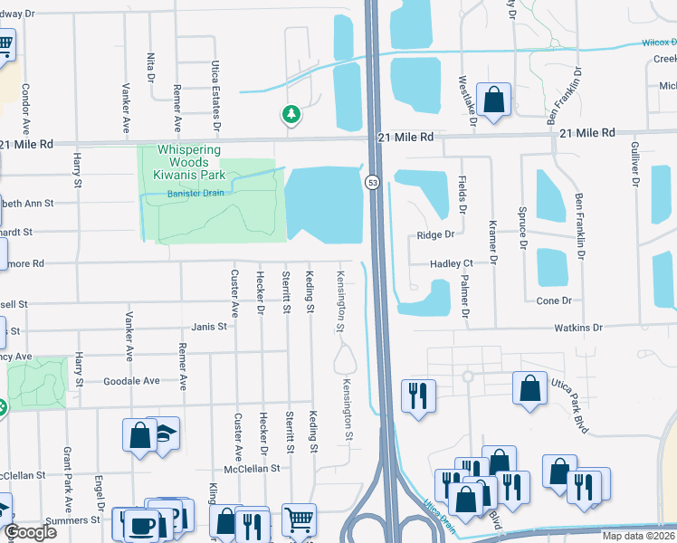 map of restaurants, bars, coffee shops, grocery stores, and more near 45889 Kensington Street in Utica
