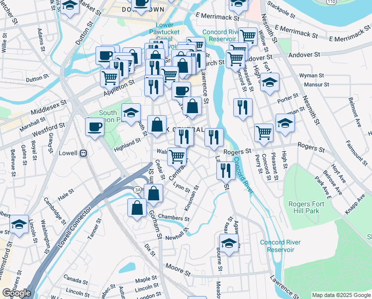 map of restaurants, bars, coffee shops, grocery stores, and more near 5 Hudson Street in Lowell