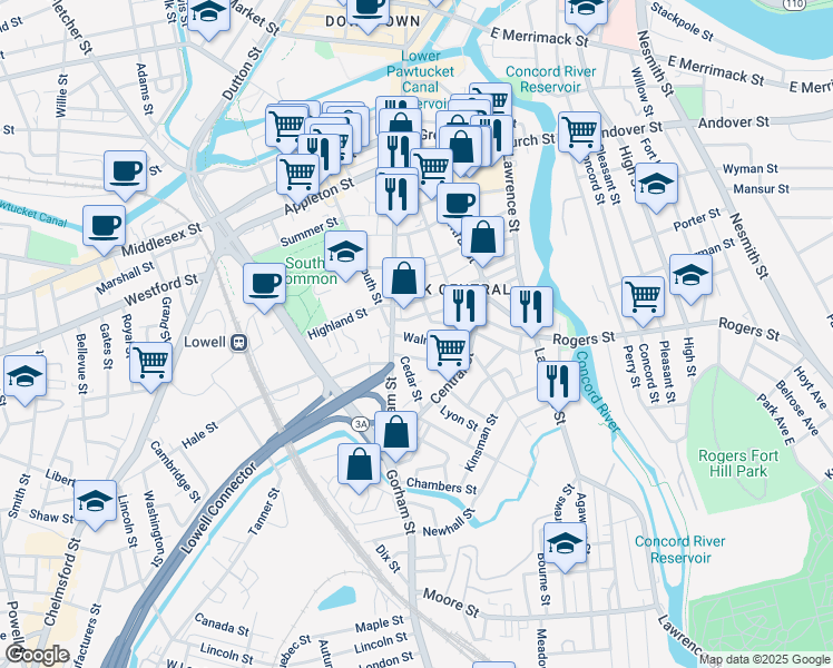 map of restaurants, bars, coffee shops, grocery stores, and more near 7 Walnut Street in Lowell