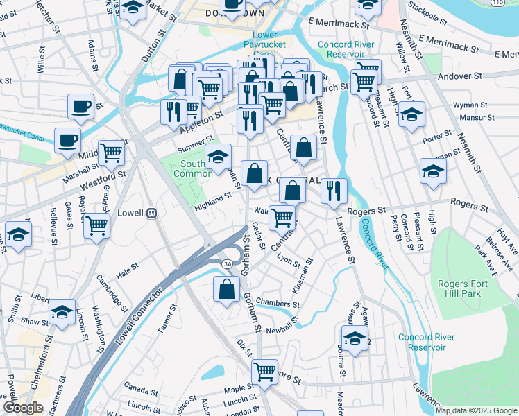 map of restaurants, bars, coffee shops, grocery stores, and more near 7 Walnut Street in Lowell