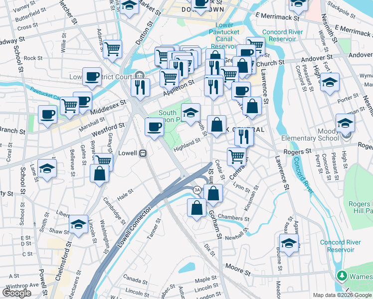 map of restaurants, bars, coffee shops, grocery stores, and more near 50 Highland Street in Lowell
