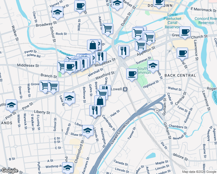 map of restaurants, bars, coffee shops, grocery stores, and more near 112 Grand Street in Lowell