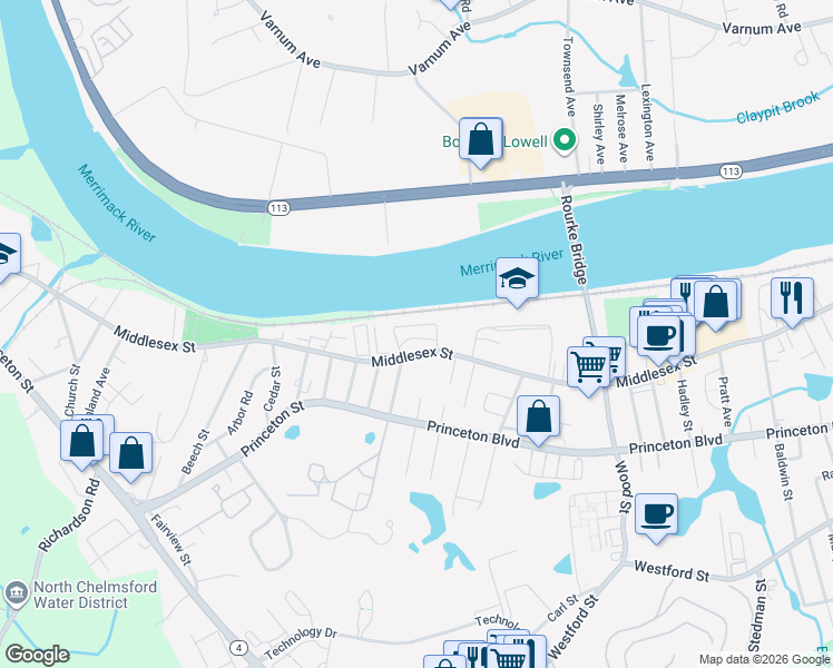 map of restaurants, bars, coffee shops, grocery stores, and more near 1975 Middlesex Street in Lowell