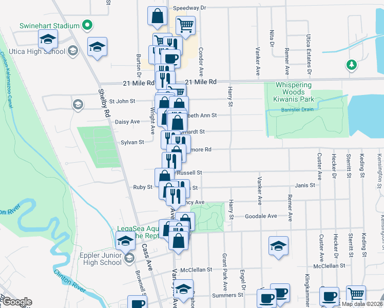 map of restaurants, bars, coffee shops, grocery stores, and more near 8092 Messmore Road in Macomb County