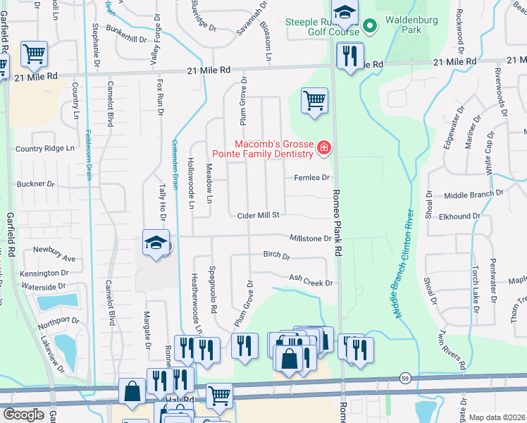 map of restaurants, bars, coffee shops, grocery stores, and more near 18132 Cider Mill Street in Macomb