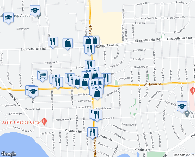 map of restaurants, bars, coffee shops, grocery stores, and more near 31 Osceola Drive in Pontiac