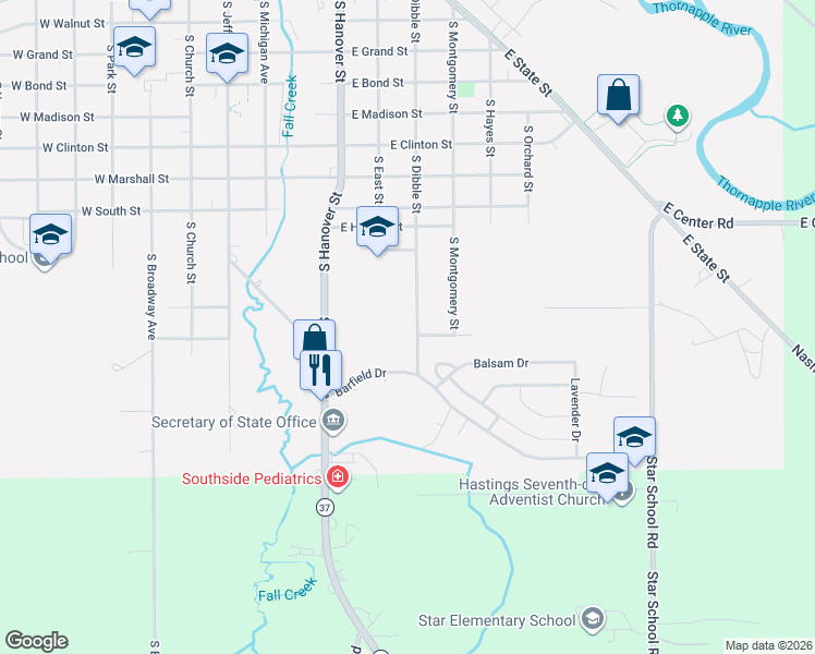 map of restaurants, bars, coffee shops, grocery stores, and more near 1442 South Dibble Street in Hastings