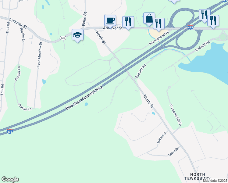 map of restaurants, bars, coffee shops, grocery stores, and more near Network Drive in Tewksbury