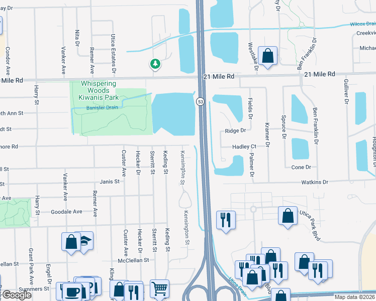 map of restaurants, bars, coffee shops, grocery stores, and more near 45796 Kensington Street in Utica