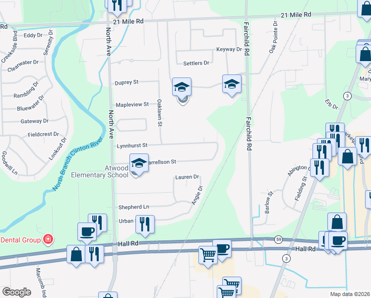 map of restaurants, bars, coffee shops, grocery stores, and more near 23581 Harrellson Street in Macomb