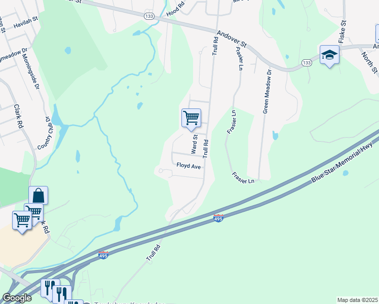 map of restaurants, bars, coffee shops, grocery stores, and more near 38 Whited Avenue in Tewksbury