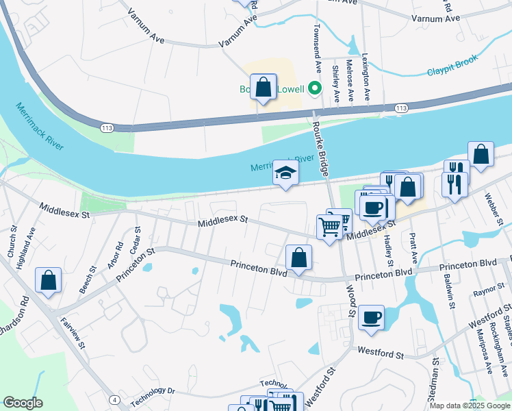 map of restaurants, bars, coffee shops, grocery stores, and more near 1949 Middlesex Street in Lowell