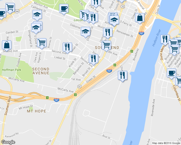 map of restaurants, bars, coffee shops, grocery stores, and more near 477 South Pearl Street in Albany