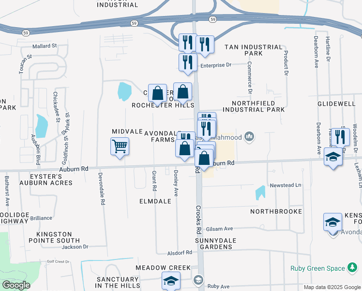 map of restaurants, bars, coffee shops, grocery stores, and more near 2950 Crooks Road in Rochester Hills