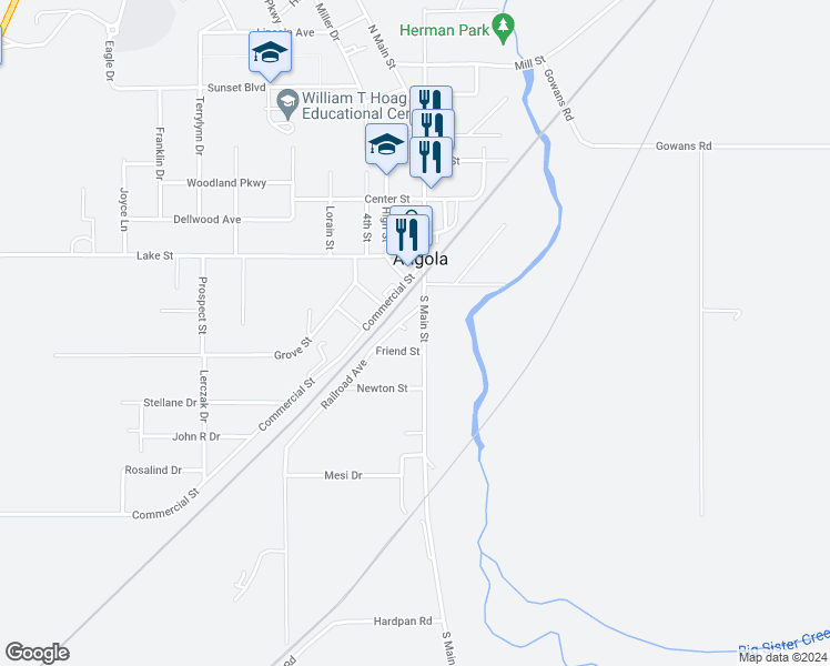 map of restaurants, bars, coffee shops, grocery stores, and more near 55 South Main Street in Angola