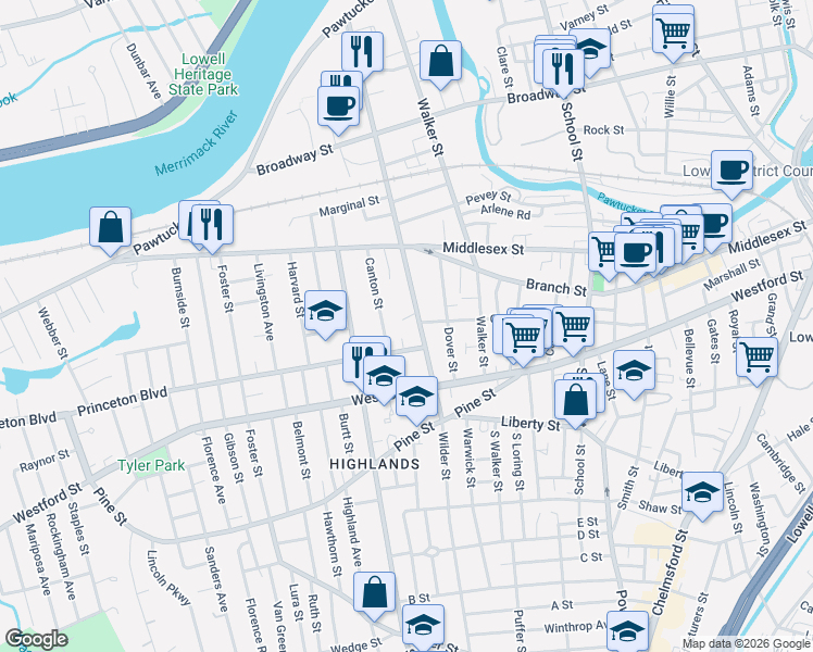 map of restaurants, bars, coffee shops, grocery stores, and more near 100 South Canton Street in Lowell