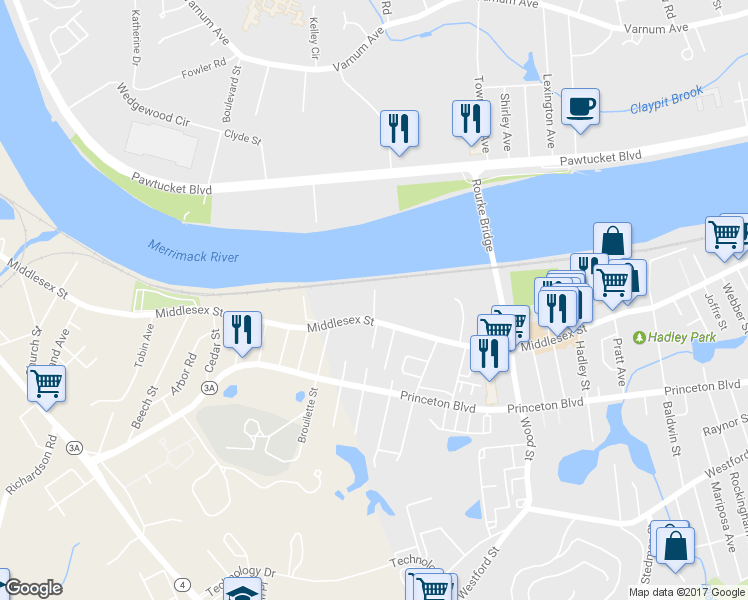 map of restaurants, bars, coffee shops, grocery stores, and more near 1949 Middlesex Street in Lowell