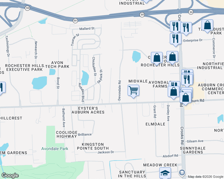 map of restaurants, bars, coffee shops, grocery stores, and more near 2908 Harvey Street in Rochester Hills