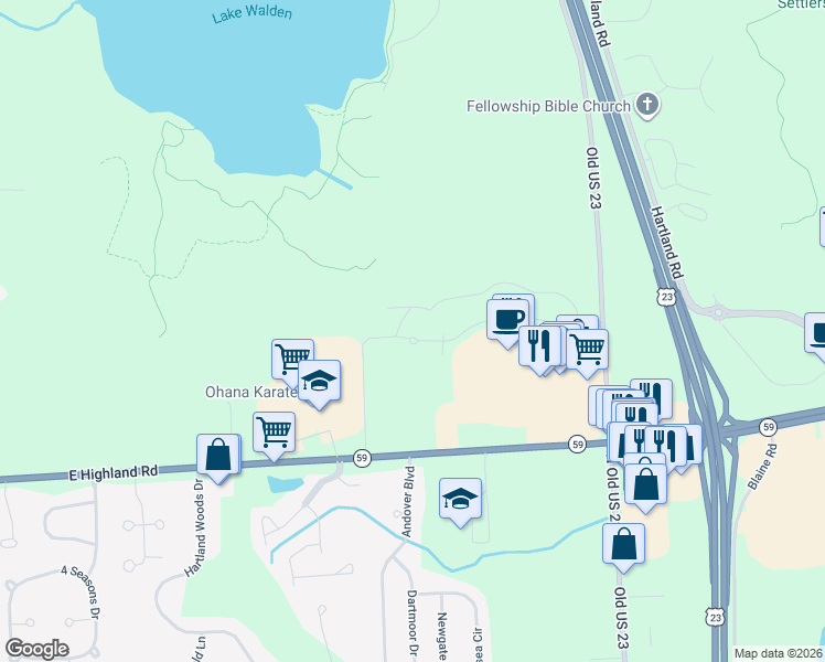 map of restaurants, bars, coffee shops, grocery stores, and more near 9751 East Highland Road in Howell