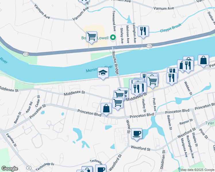 map of restaurants, bars, coffee shops, grocery stores, and more near 1857 Middlesex Street in Lowell