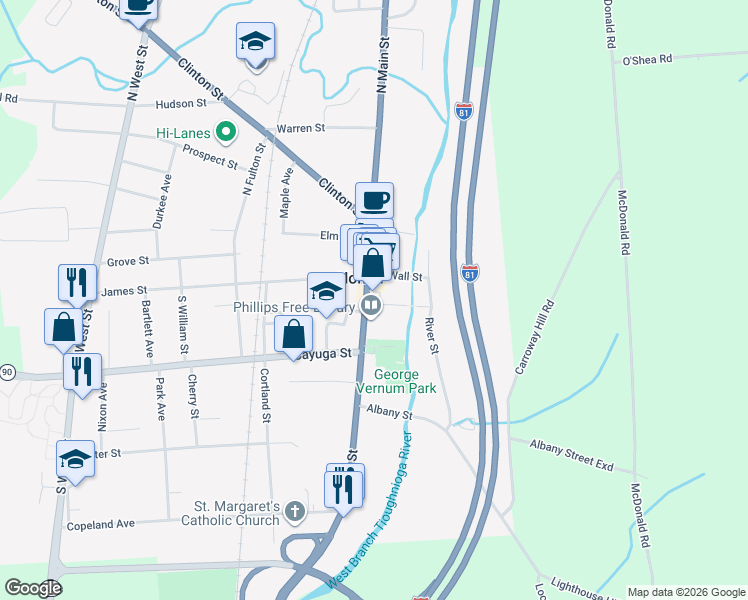 map of restaurants, bars, coffee shops, grocery stores, and more near 14 James Street in Homer