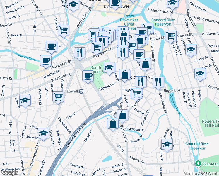 map of restaurants, bars, coffee shops, grocery stores, and more near 38 Highland Street in Lowell