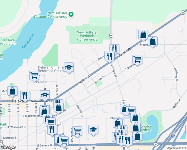 map of restaurants, bars, coffee shops, grocery stores, and more near 1122 Racine Street in Delavan