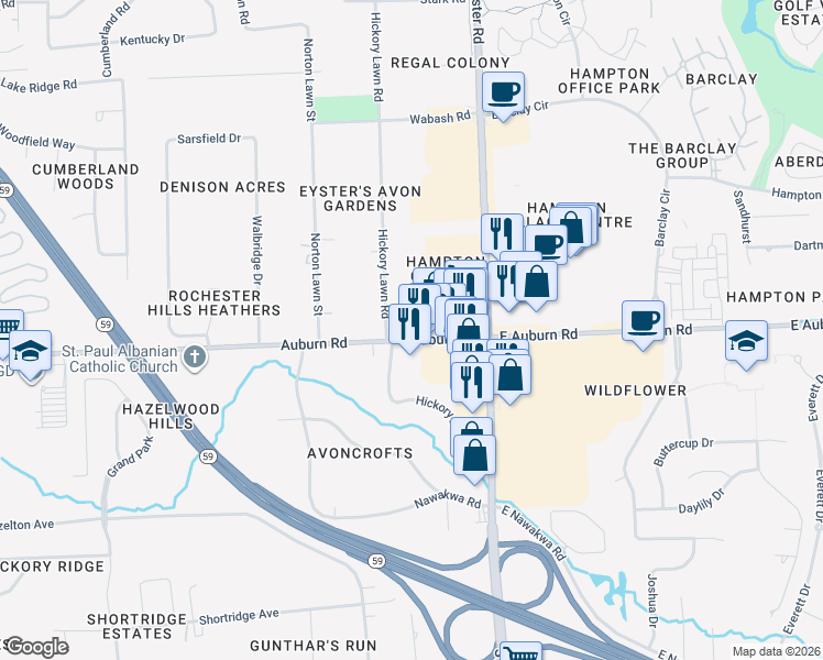 map of restaurants, bars, coffee shops, grocery stores, and more near 151 West Auburn Road in Rochester Hills