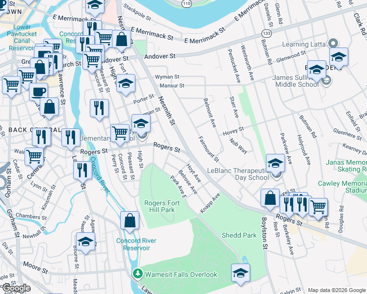 map of restaurants, bars, coffee shops, grocery stores, and more near 261 Rogers Street in Lowell