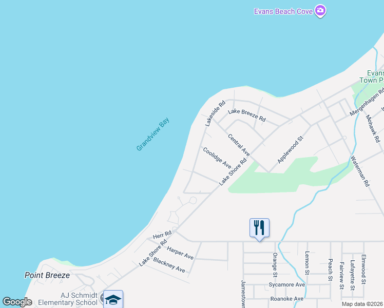 map of restaurants, bars, coffee shops, grocery stores, and more near 9211 Lakeside Road in Angola