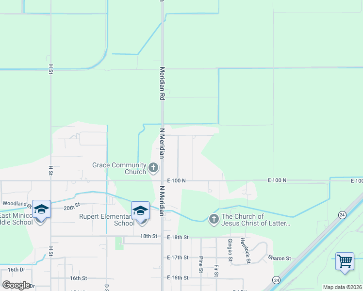 map of restaurants, bars, coffee shops, grocery stores, and more near 115 Rosebud Drive in Rupert