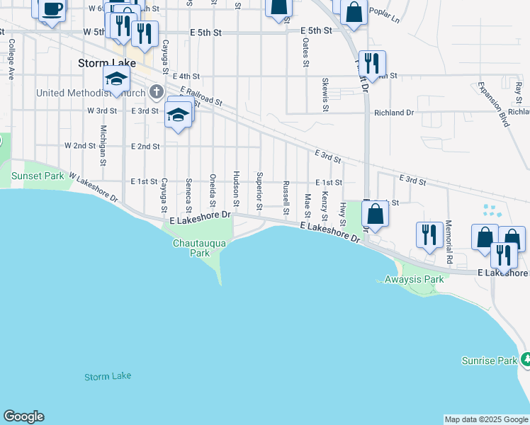 map of restaurants, bars, coffee shops, grocery stores, and more near 611 Chautauqua Park Drive in Storm Lake
