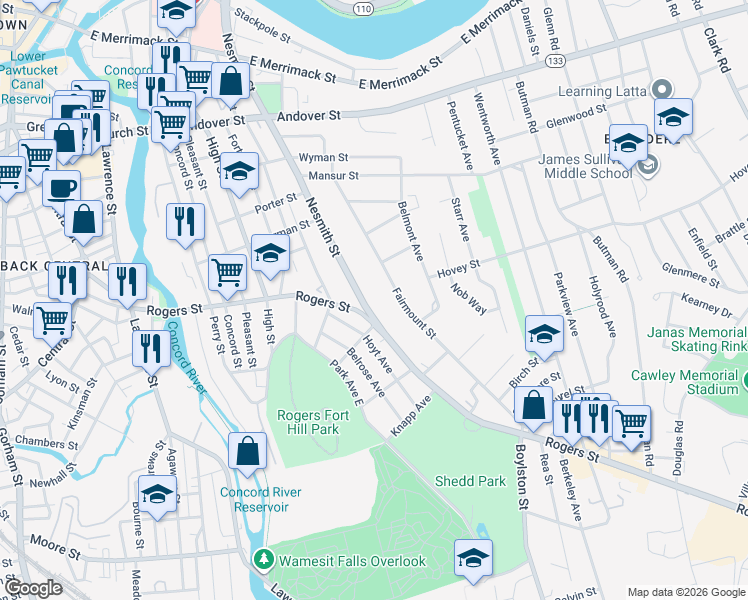 map of restaurants, bars, coffee shops, grocery stores, and more near 261 Rogers Street in Lowell