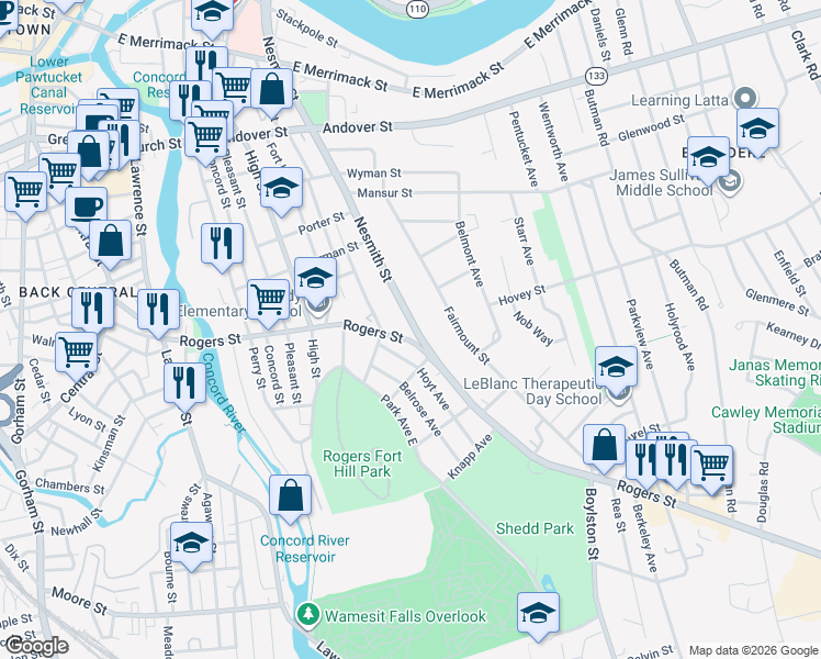 map of restaurants, bars, coffee shops, grocery stores, and more near 261 Rogers Street in Lowell