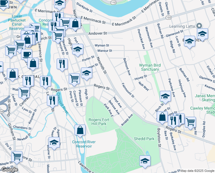 map of restaurants, bars, coffee shops, grocery stores, and more near 100 Hanks Street in Lowell