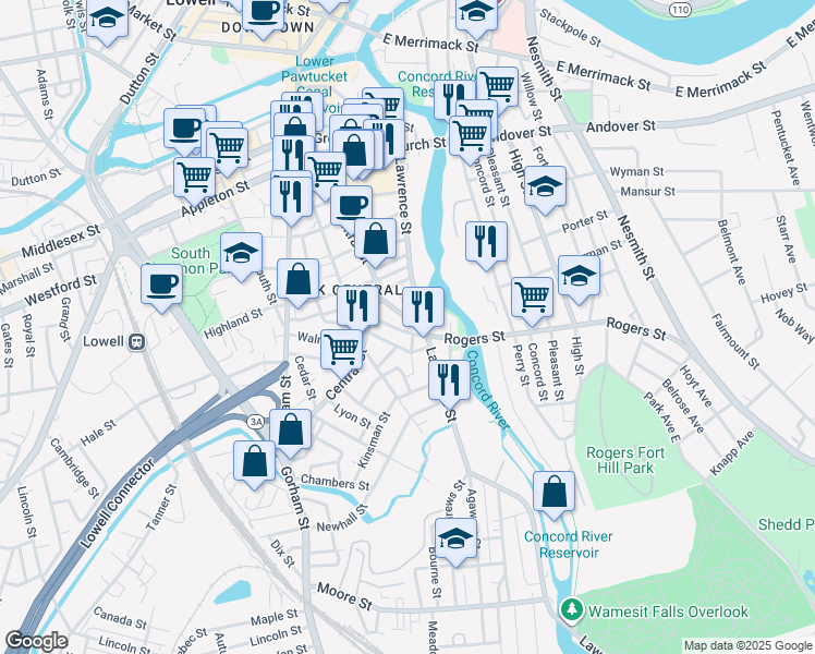 map of restaurants, bars, coffee shops, grocery stores, and more near 39 Richmond Avenue in Lowell