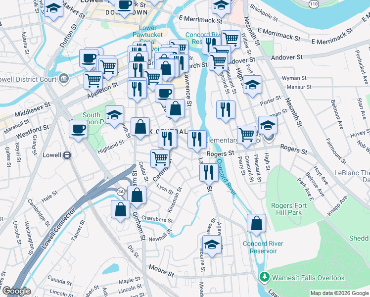 map of restaurants, bars, coffee shops, grocery stores, and more near 39 Richmond Avenue in Lowell