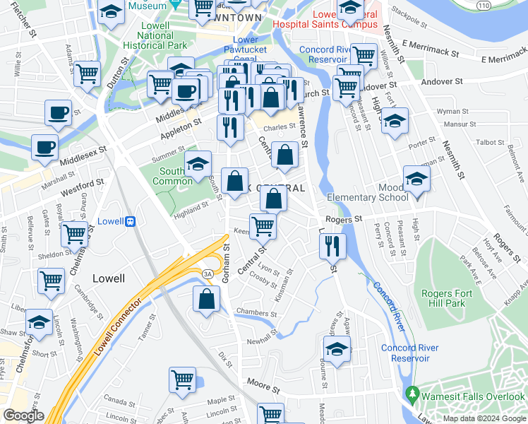 map of restaurants, bars, coffee shops, grocery stores, and more near 52 Walnut Street in Lowell