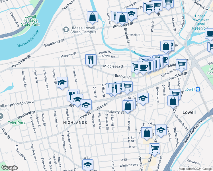 map of restaurants, bars, coffee shops, grocery stores, and more near 53 Loring Street in Lowell