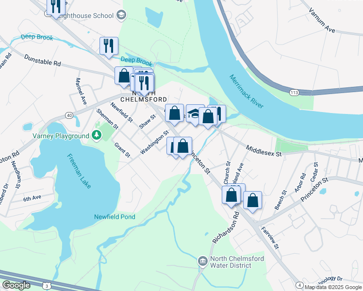 map of restaurants, bars, coffee shops, grocery stores, and more near 67 Princeton Drive in Chelmsford